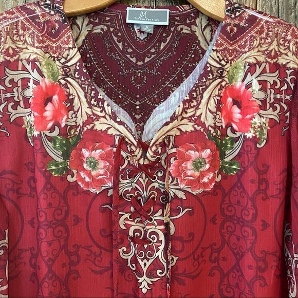 JM Collection Sz S Red Paisley Bohemian Flowy Lightweight Flared Sleeve Blouse - Picture 4 of 7